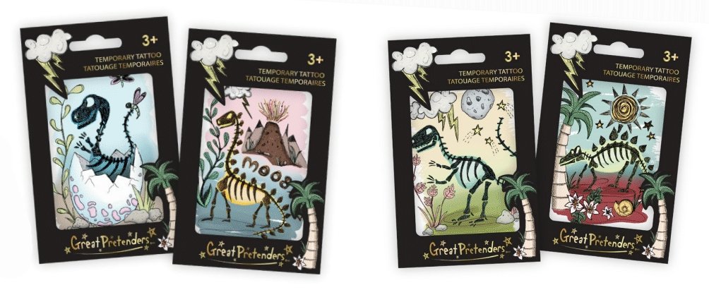 Ensemble de 4 feuilles de tatouages temporaires GP - Dinosaures - Couleur Pastel Tatouages temporairesGreat Pretenders